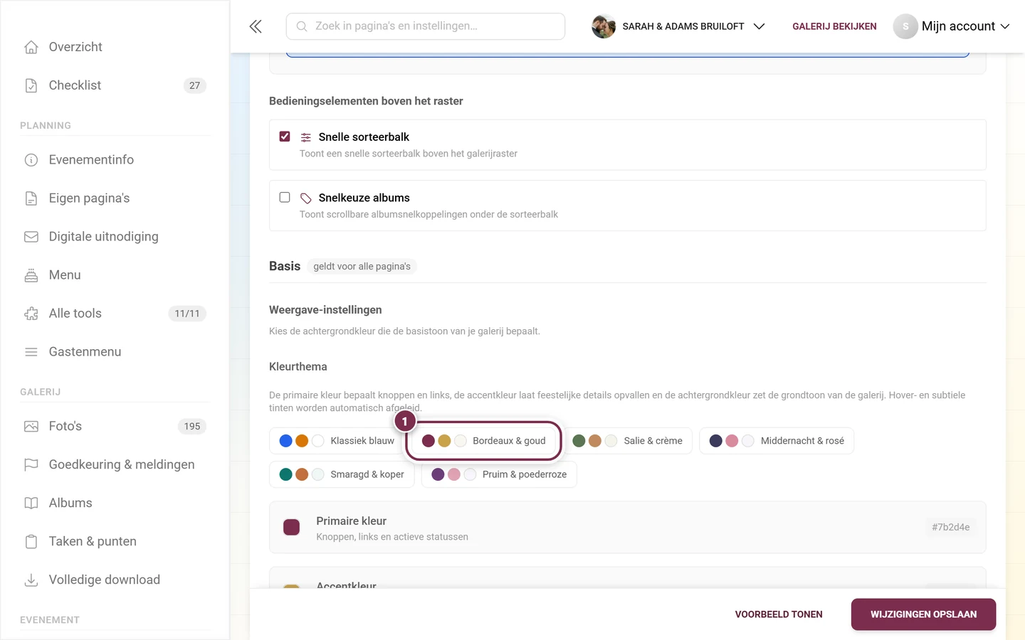 Kleurenpaletten in het uiterlijkblok met het palet Bordeaux & goud gemarkeerd