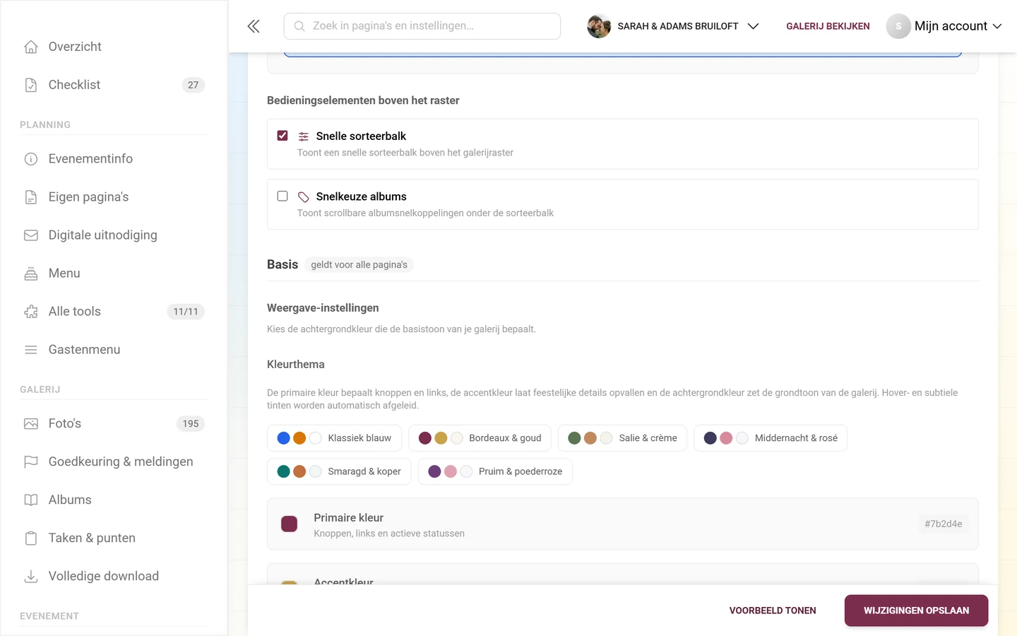 Blok Weergave-instellingen met zes kleurenpaletten plus primaire en accentkleur