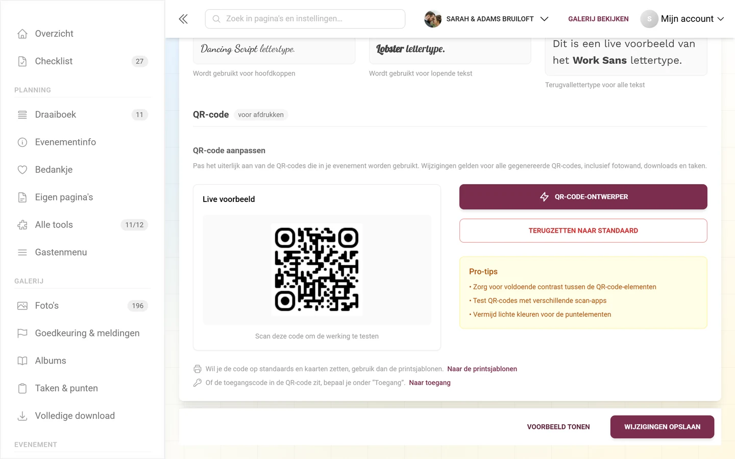 Blok QR-code aanpassen met live voorbeeld, knop QR-code-ontwerper en pro-tips