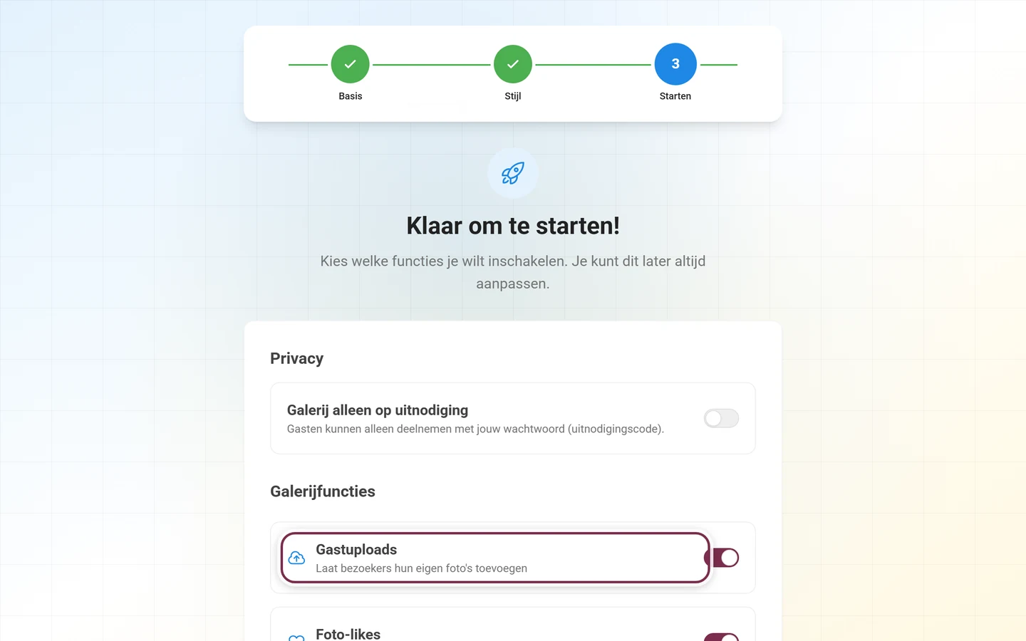 Wizardstap Klaar om te starten met de schakelaarlijst onder Galerijfuncties