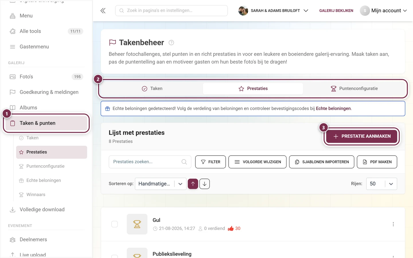 Zijbalk met uitgeklapt item Taken en punten