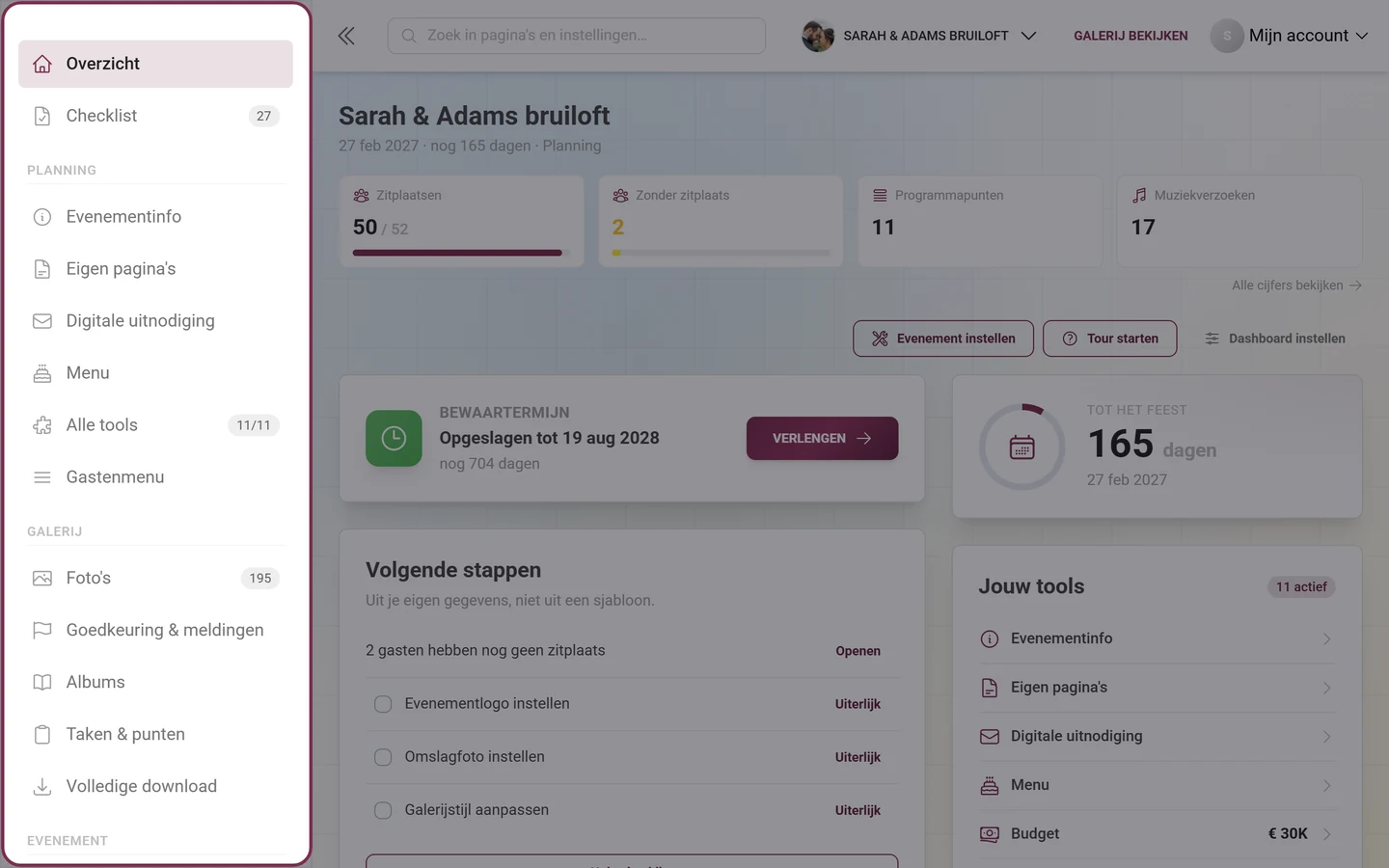Zijbalk van het beheergedeelte met de groep Planning, actieve tools en het item Alle tools