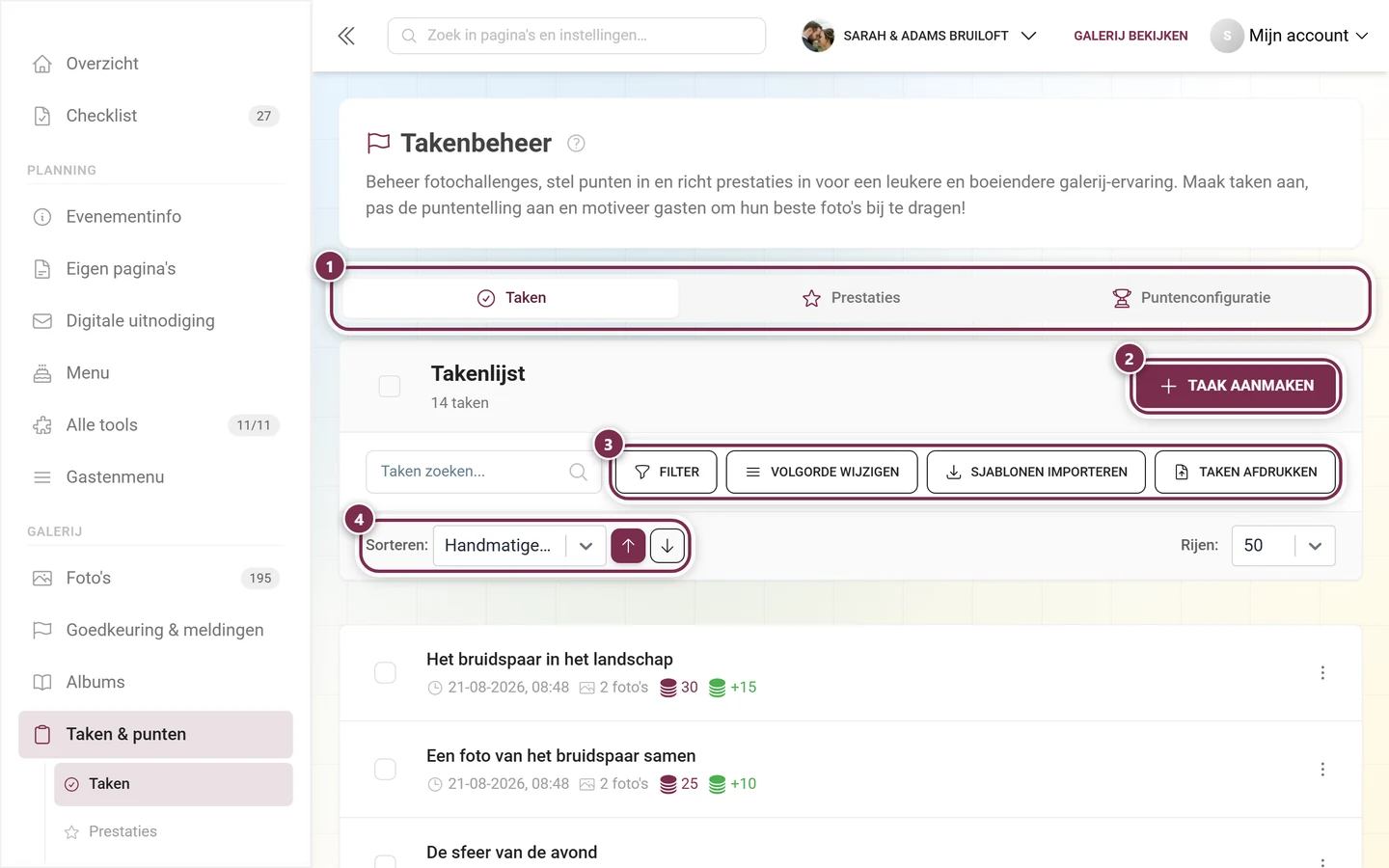 Takenbeheer met gemarkeerde tabbalk, aanmaakknop, werkbalk en sortering