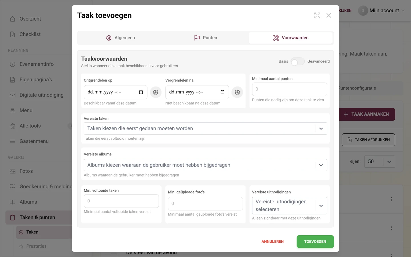 Tabblad Voorwaarden in de taakeditor met de schakelaars Basis en Geavanceerd