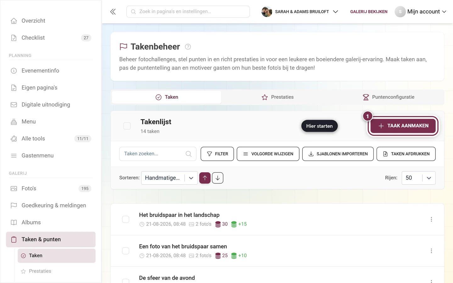 Takenbeheer met rood gemarkeerde knop Taak aanmaken rechtsboven boven de werkbalk