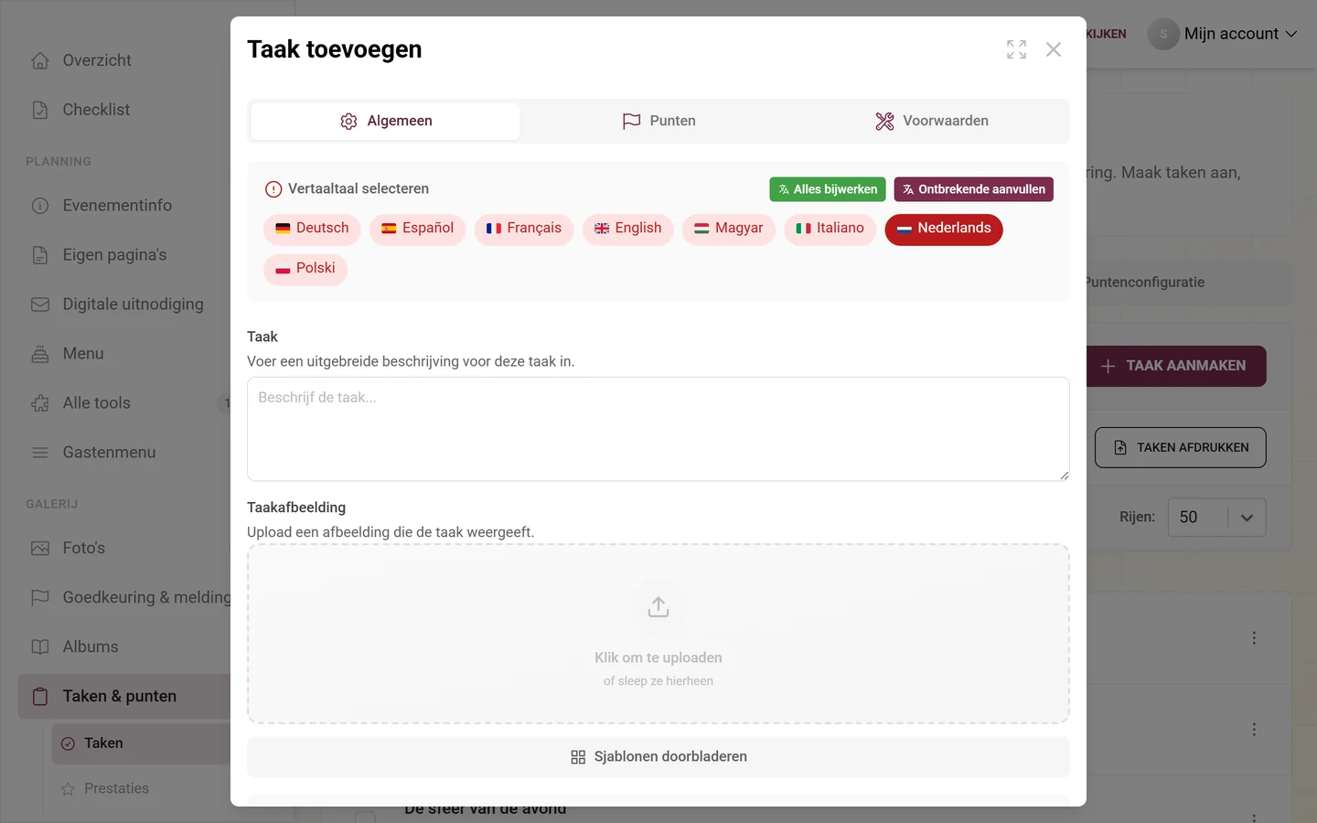 Taakeditor met velden voor taak, referentieafbeelding, punten en sortering