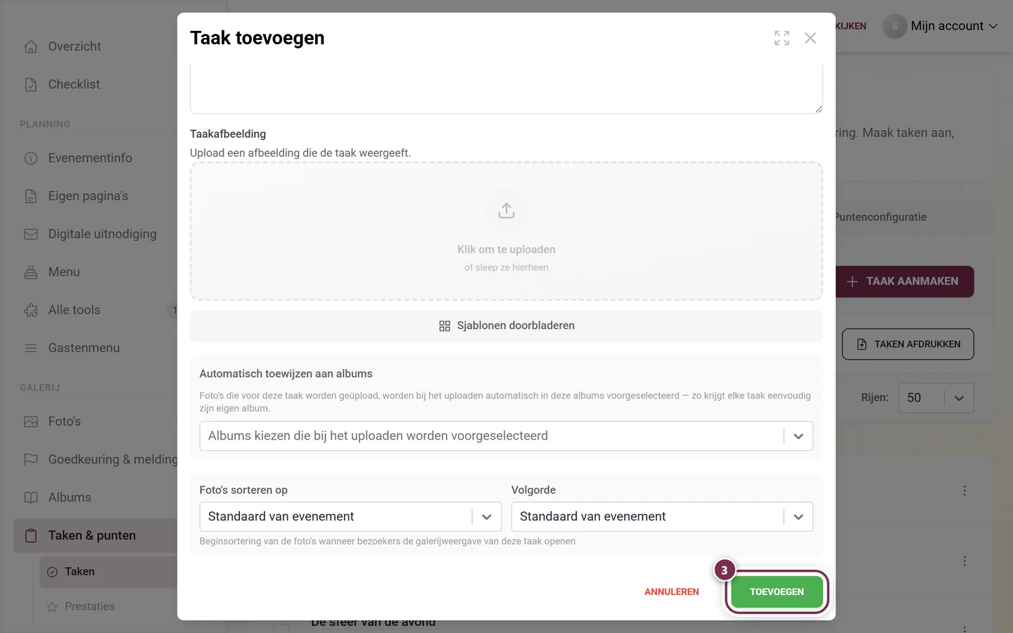 Onderkant van de taakeditor met rood gemarkeerde knop Toevoegen naast Annuleren