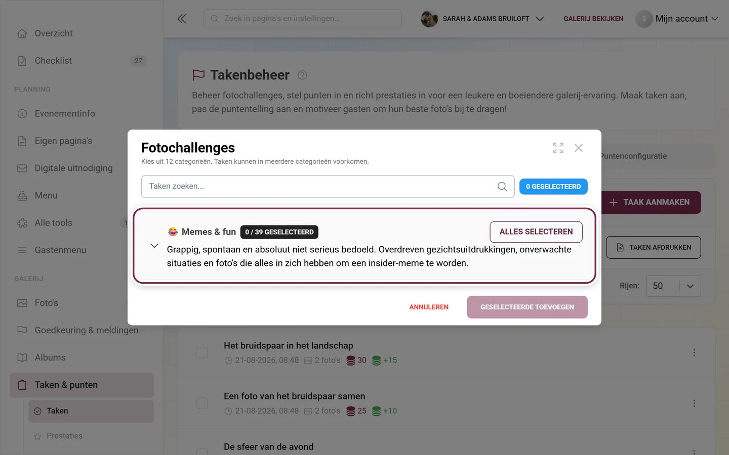 Dialoog Fotochallenges met zoekveld en rood gemarkeerde eerste categorierij