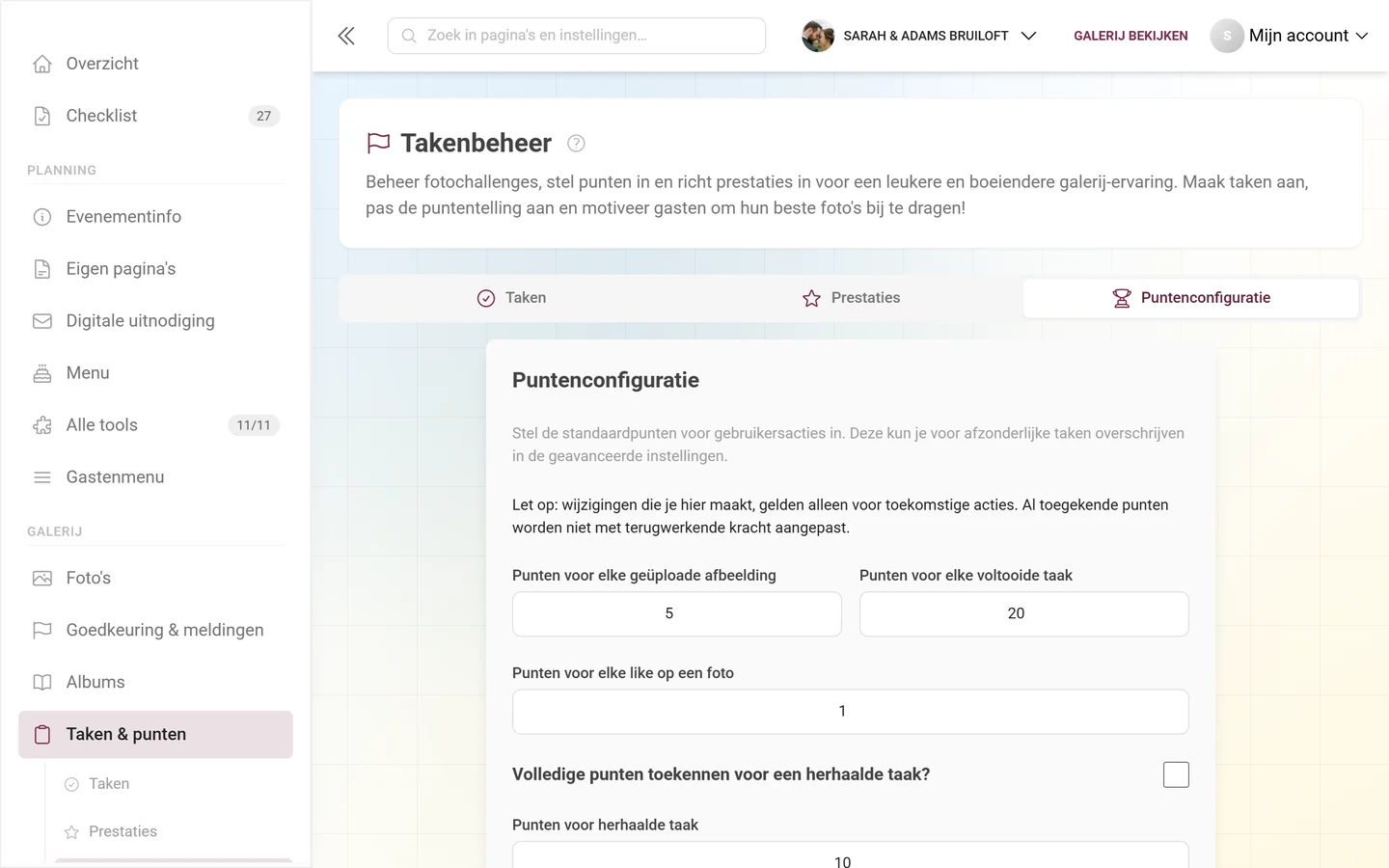 Tabblad Puntenconfiguratie met de puntwaarden per actie