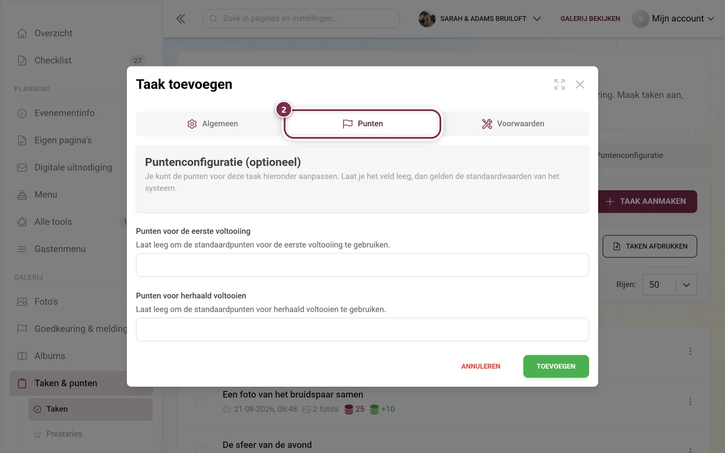 Taakeditor met rood gemarkeerd tabblad Punten en de twee puntenvelden eronder