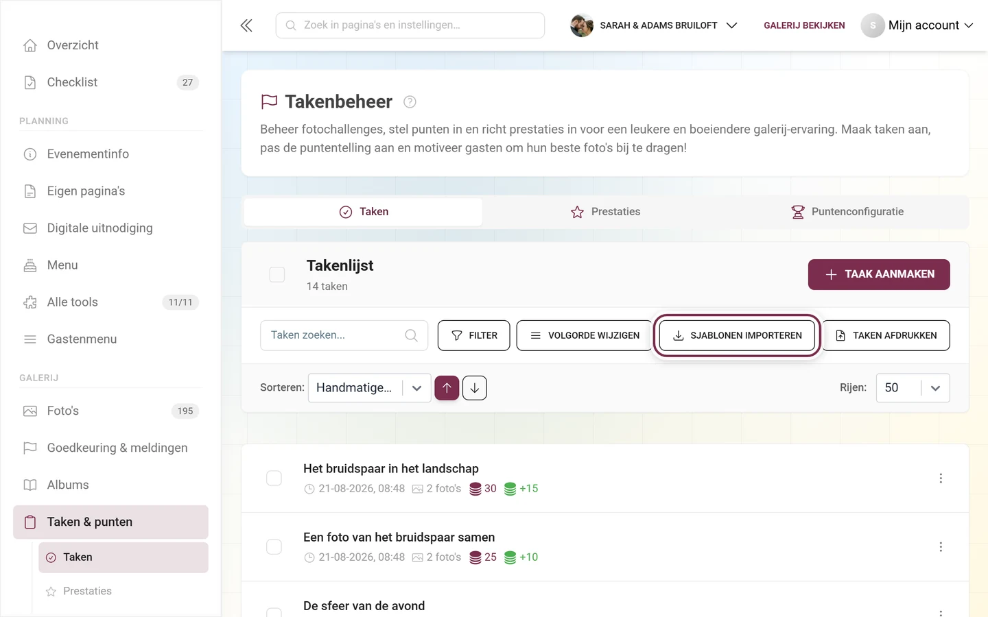 Werkbalk van Takenbeheer met rood gemarkeerde knop Sjablonen importeren