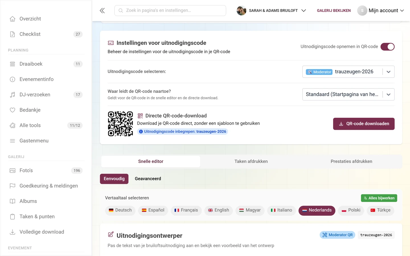 Kaart Instellingen voor uitnodigingscode met schakelaar, QR-bestemming en directe download