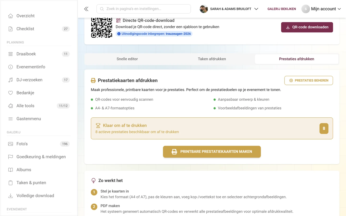 Tab Prestaties afdrukken met de kaart Prestatiekaarten afdrukken