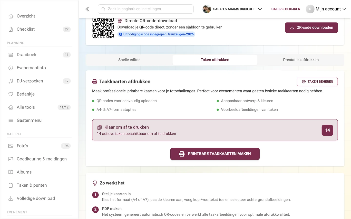 Tab Taken afdrukken met de kaart Taakkaarten afdrukken