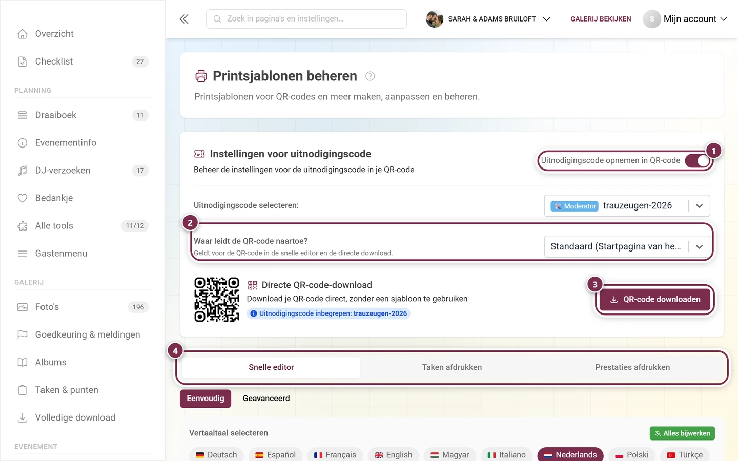 Pagina Printsjablonen met de uitnodigingscodeschakelaar, QR-bestemming, downloadknop en tabbladen gemarkeerd