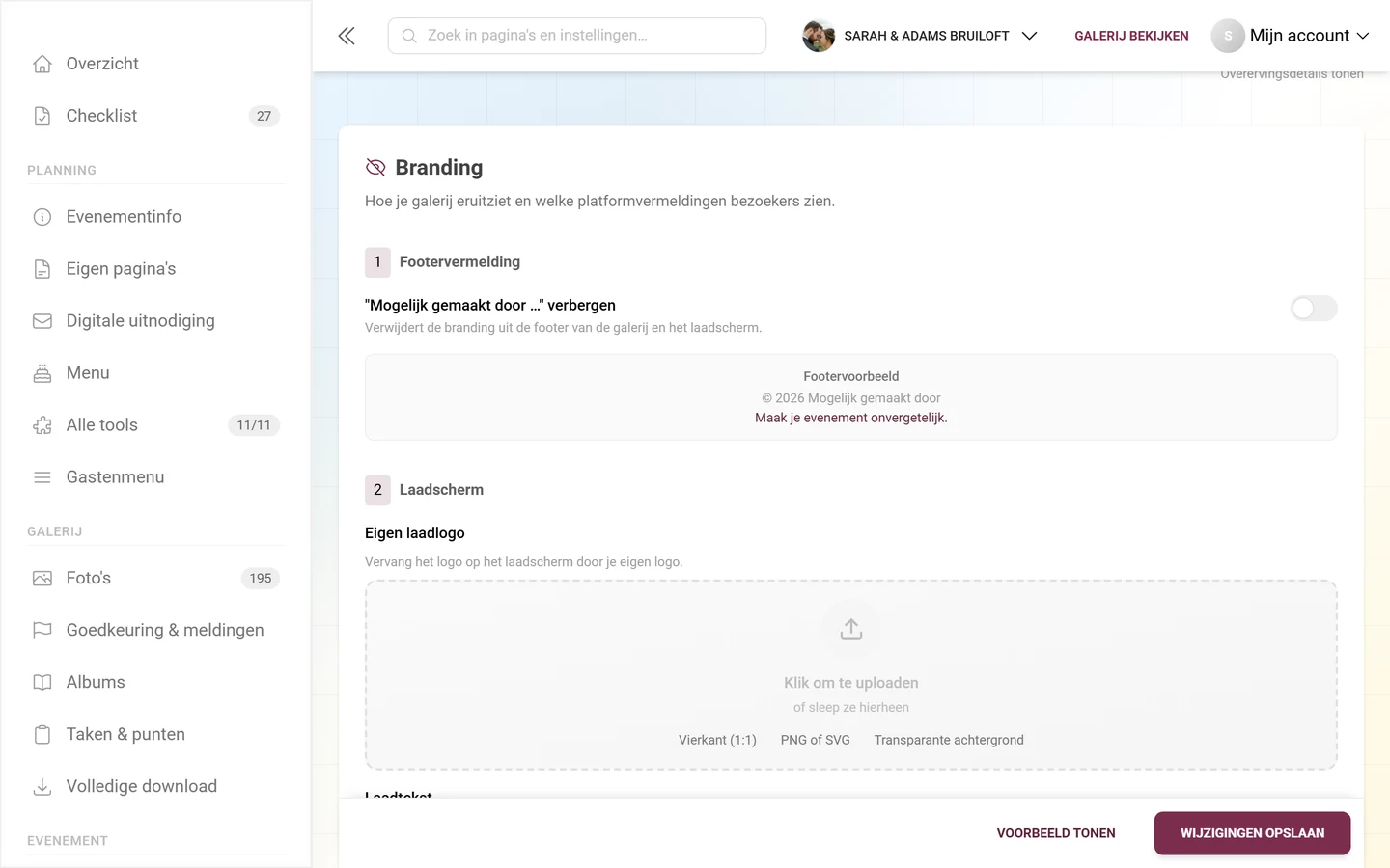 White-Label-tabblad met het blok Branding