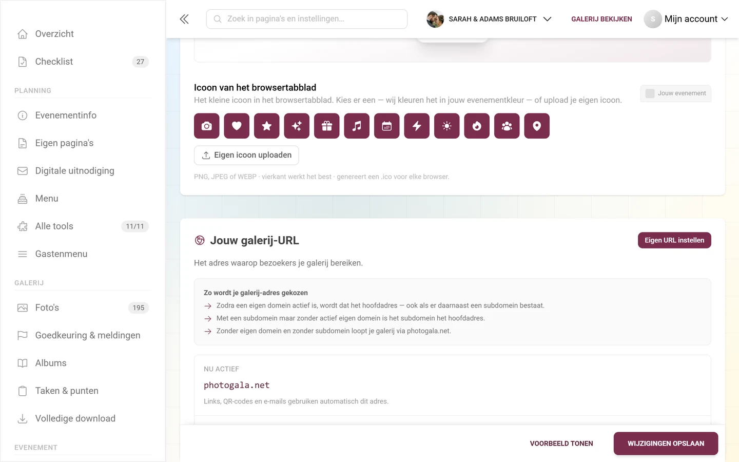 Iconenraster van het browsertabblad-icoon met twaalf iconen en de knop Eigen icoon uploaden