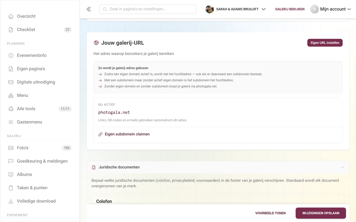 Sectie Jouw galerij-URL met het huidige adres