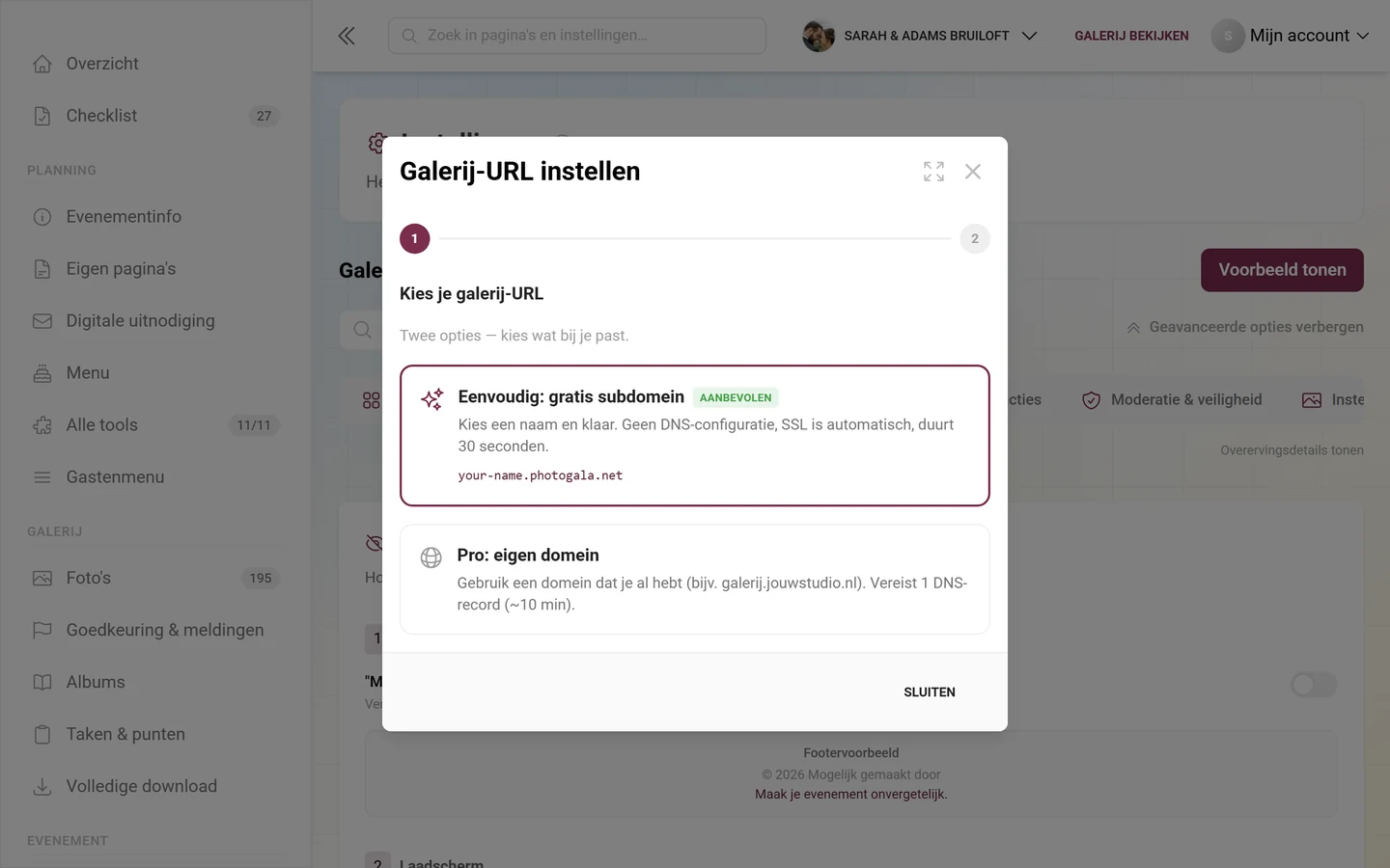 Assistent voor het instellen van een eigen galerij-URL