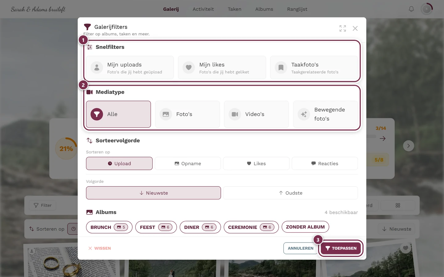 Geopend filterpaneel met onderdelen voor personen, albums en meer