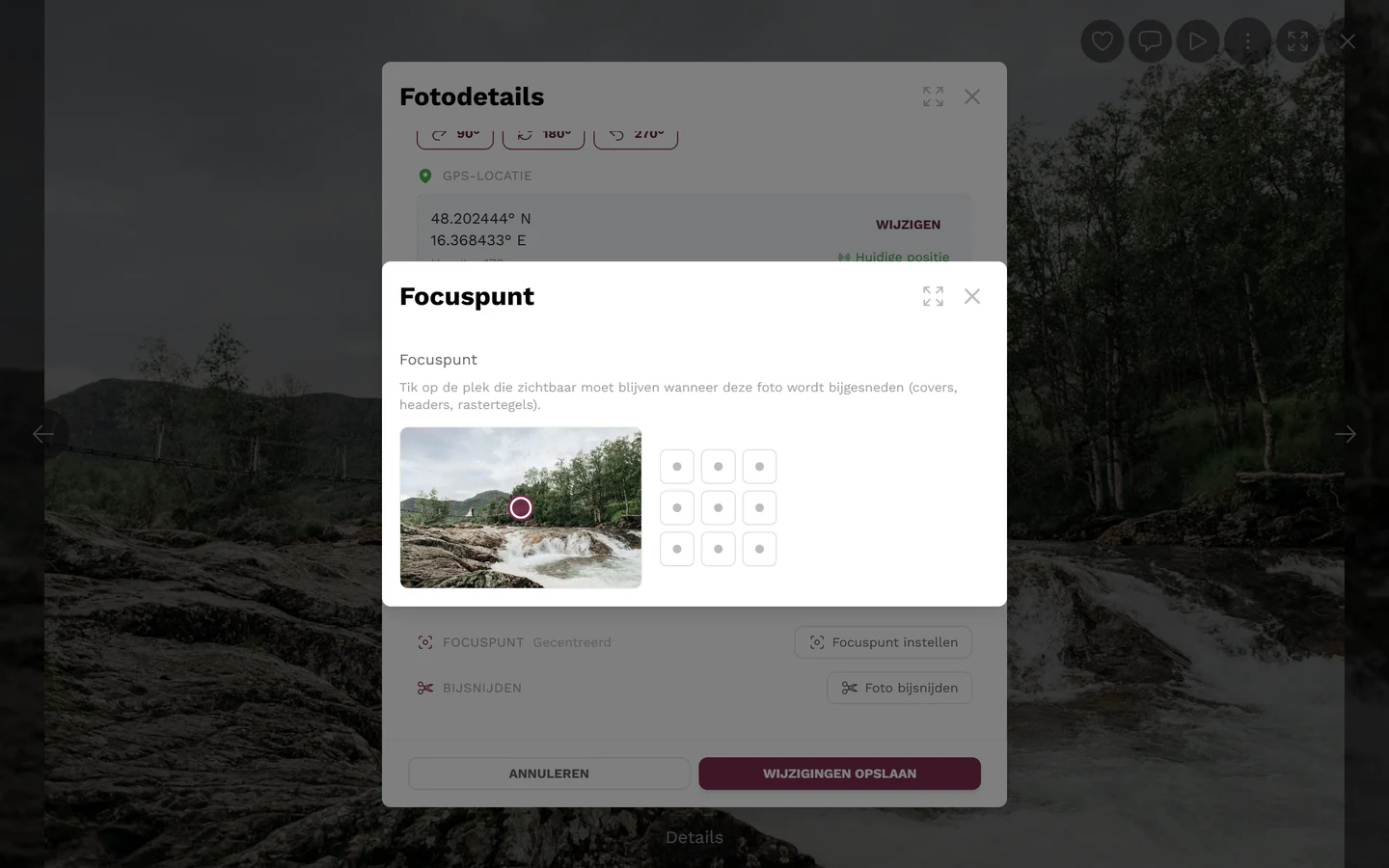 Pop-up Focuspunt met voorbeeldafbeelding, markering en het raster van negen vlakken