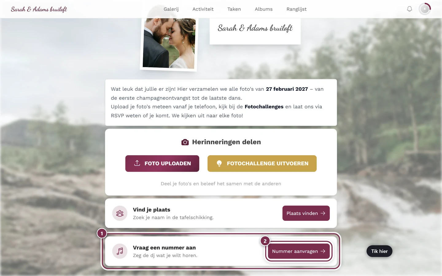 Startpagina van het event met de kaart Vraag een nummer aan en de knop Nummer aanvragen
