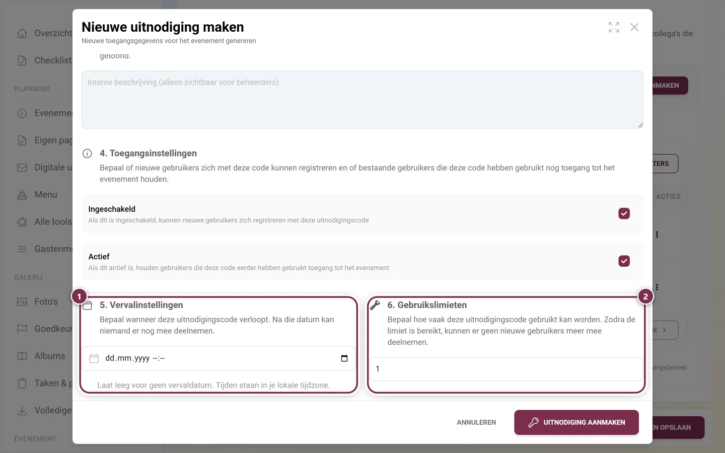 Onderdelen 5 en 6 van de dialoog naast elkaar: vervaldatum leeg, gebruikslimiet op 1