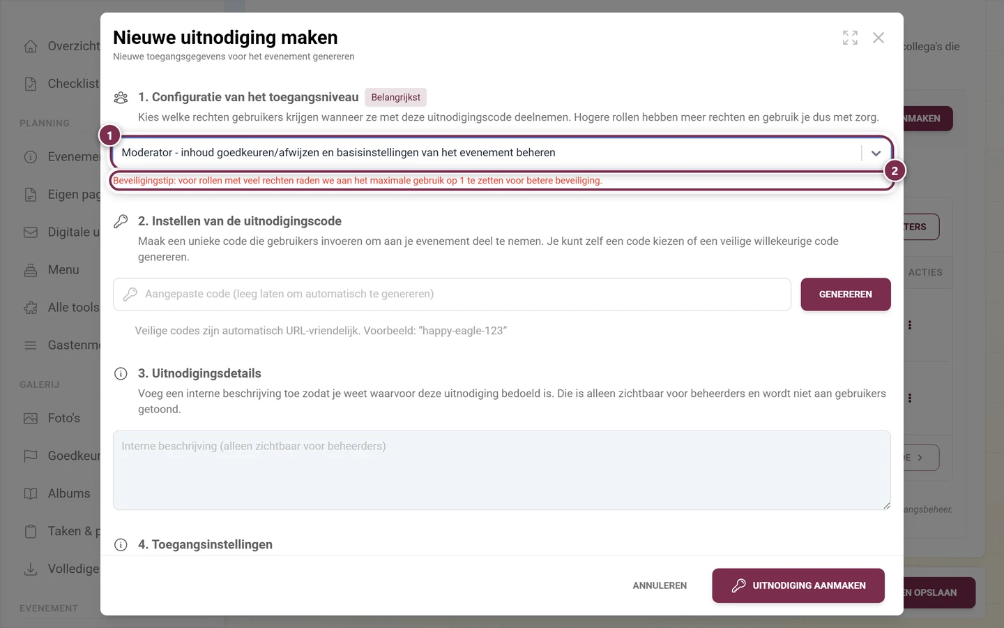 Aanmaakdialoog met de rol Moderator geselecteerd en de rode beveiligingsmelding eronder