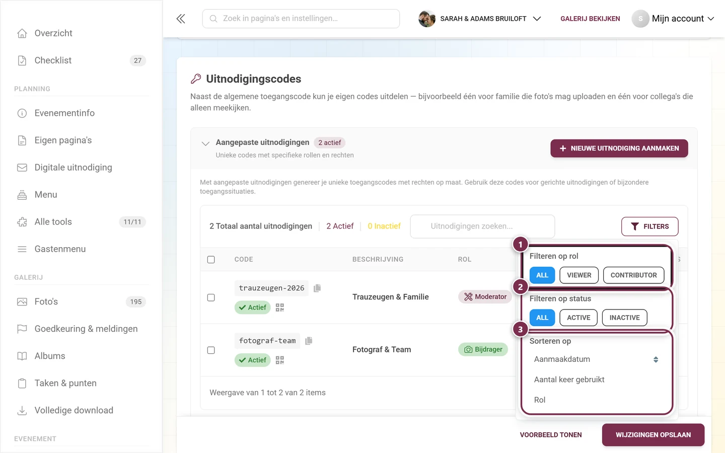 Geopend filtermenu met de blokken Filteren op rol, Filteren op status en Sorteren op