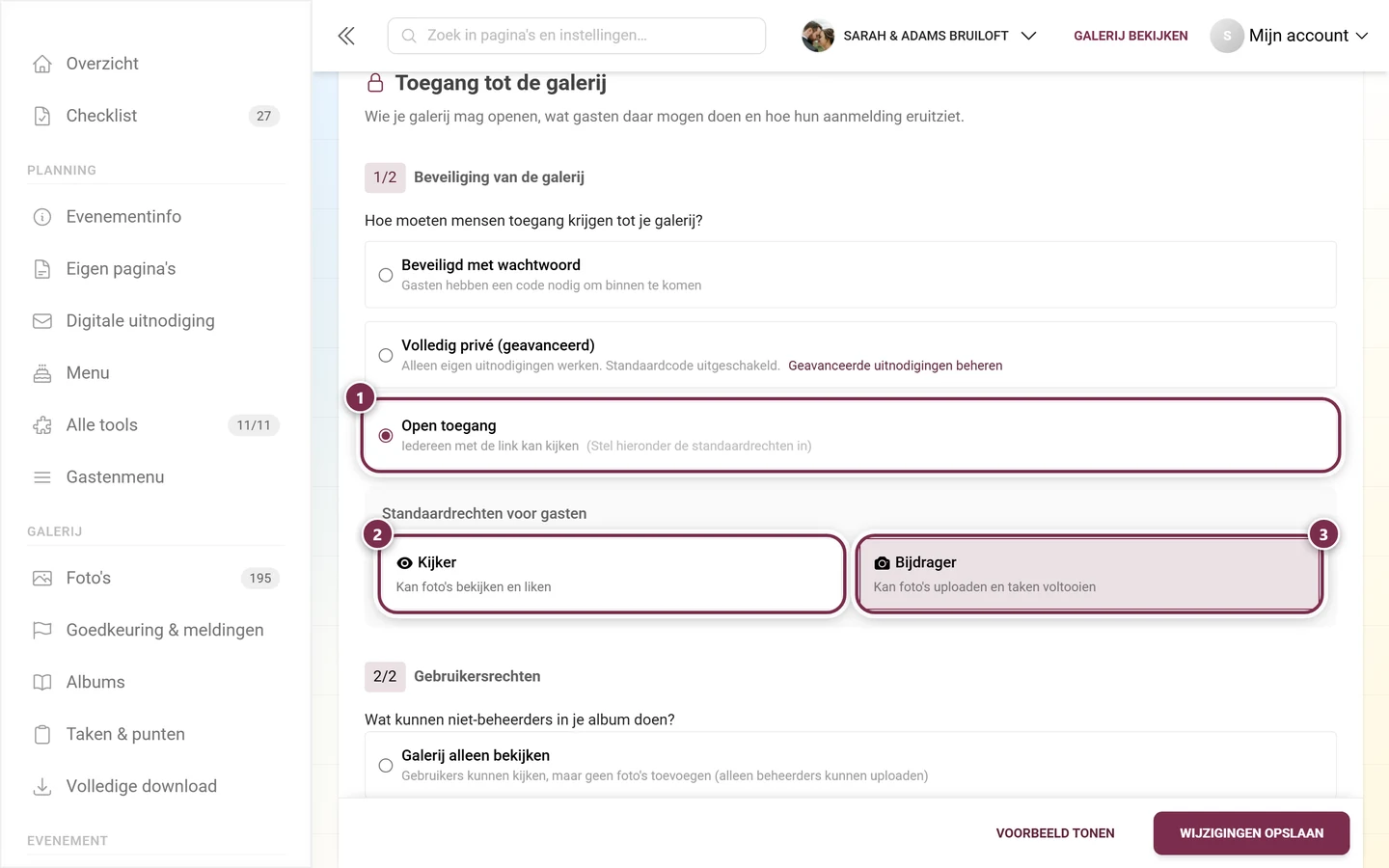 Galerijbeveiliging met de optie Open toegang geselecteerd en de keuzerondjes Kijker en Bijdrager