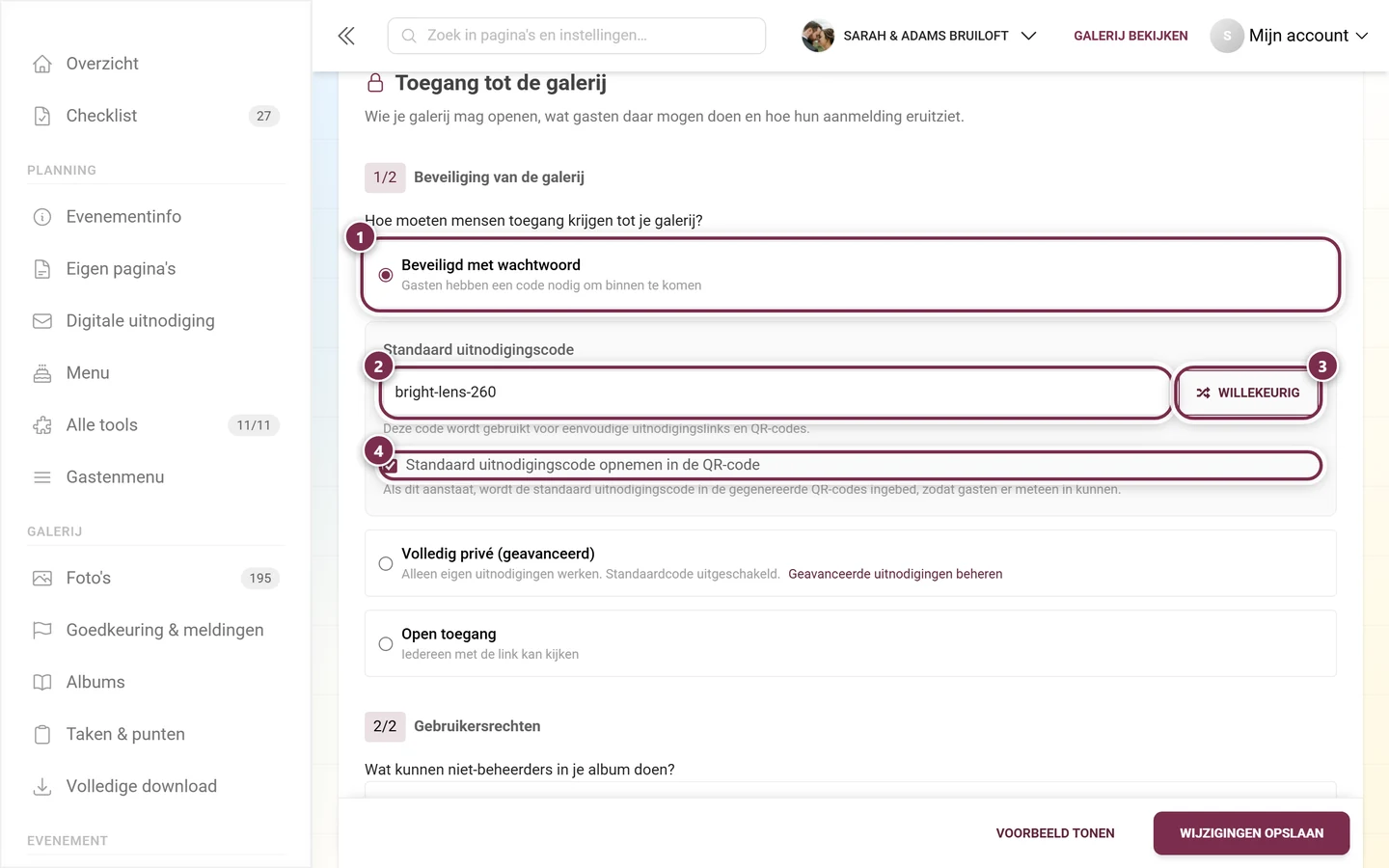 Galerijbeveiliging met de optie Wachtwoordbeveiligd geselecteerd, het veld Standaard uitnodigingscode, de knop Willekeurig en het selectievakje voor de QR-code