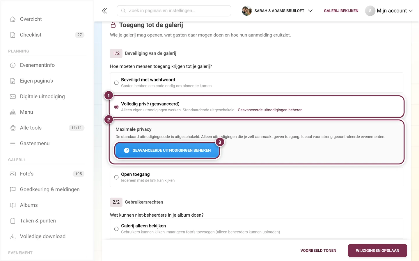 Galerijbeveiliging met de optie Volledig privé geselecteerd en de infobox Maximale privacy