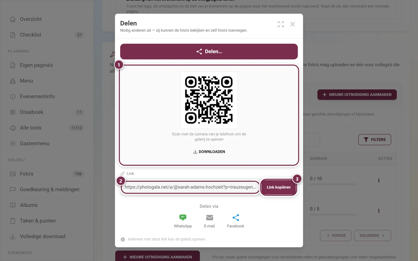 Dialoog Delen met QR-code, knop Downloaden, linkveld en Link kopiëren