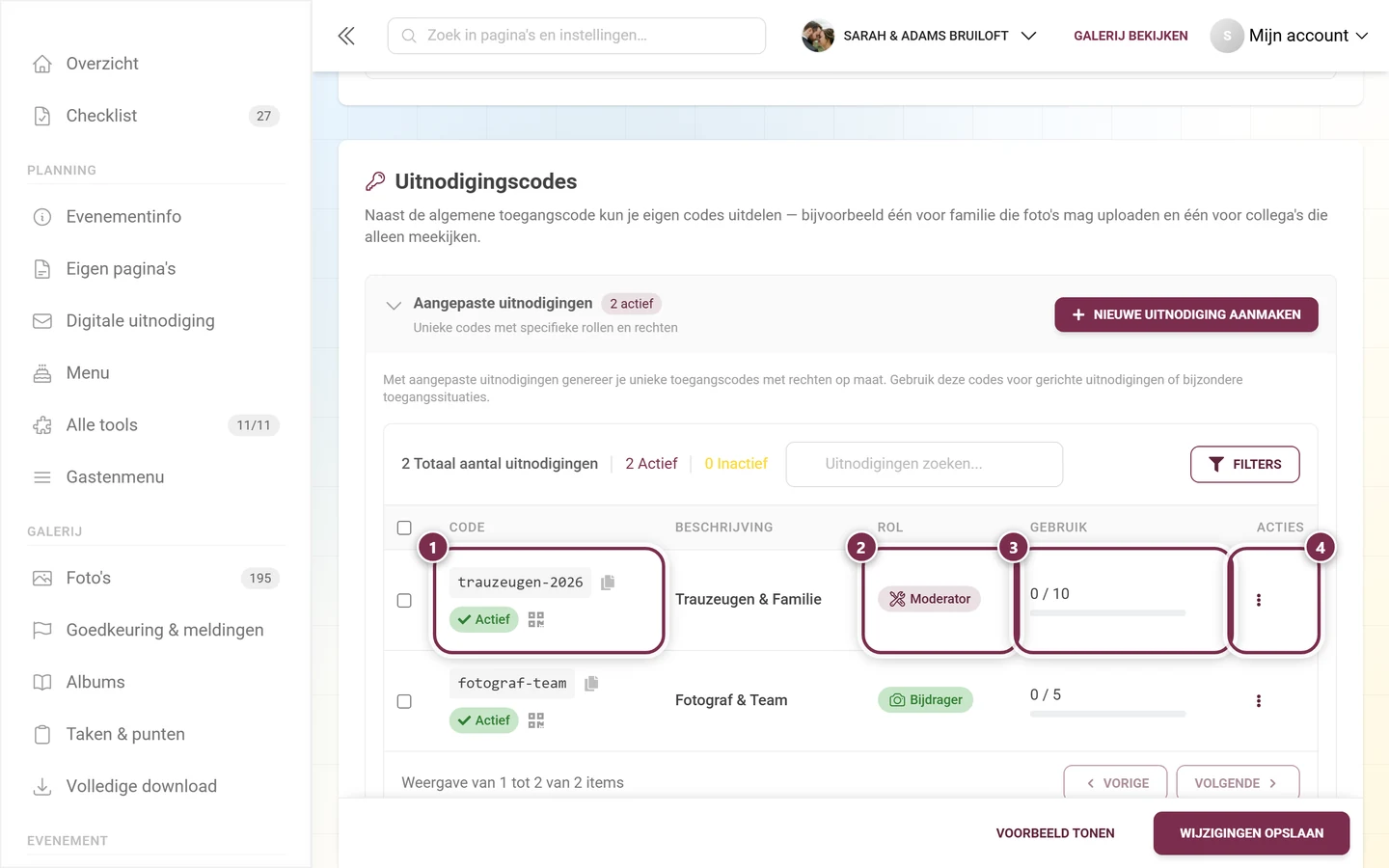 Tabel van de uitnodigingscodes met de kolommen Code, Rol, Gebruik en Acties gemarkeerd