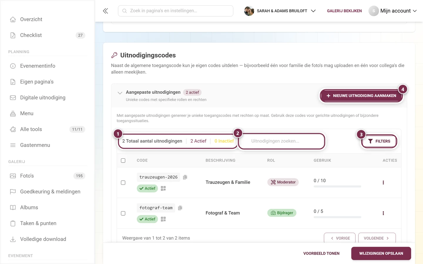 Werkbalk van de uitnodigingscodes met kengetallen, zoekveld, filterknop en Nieuwe uitnodiging maken