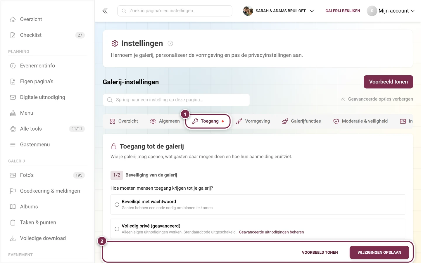 Tabbladrij van de instellingen met een rode stip bij het tabblad Toegang en de opslagbalk onderaan