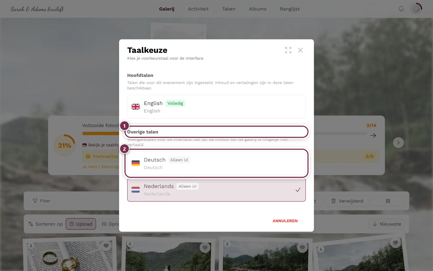 Dialoogvenster Taalkeuze, de groep Overige talen en een item met het badge Alleen UI zijn gemarkeerd
