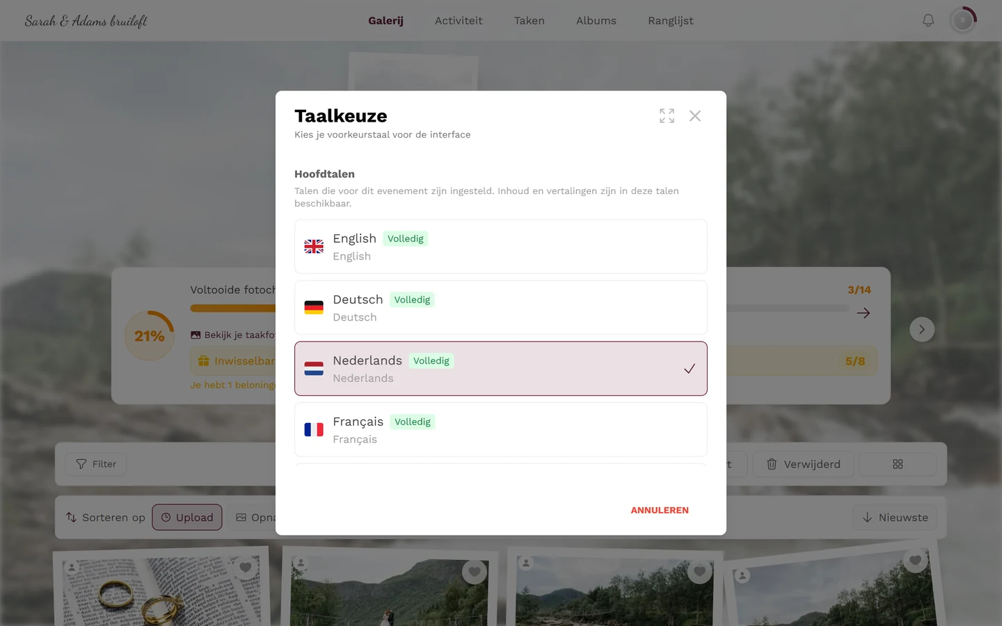 Dialoogvenster Taalkeuze met hoofdtalen, Volledig-badges en een vinkje bij de actieve taal