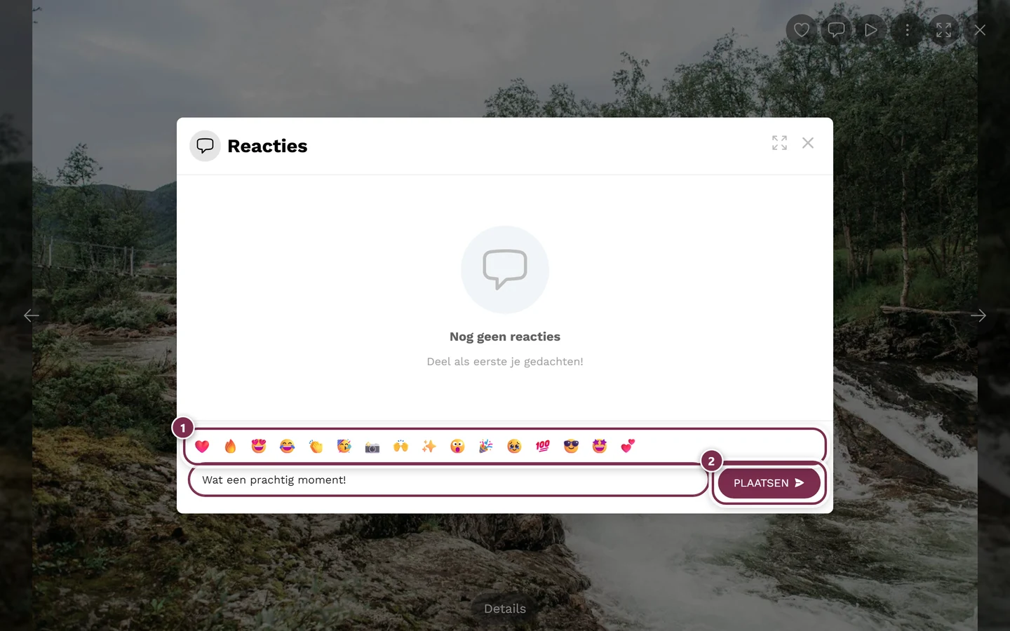 Reactiegebied van een foto met ingevuld invoerveld, emoji-balk en knop Plaatsen gemarkeerd