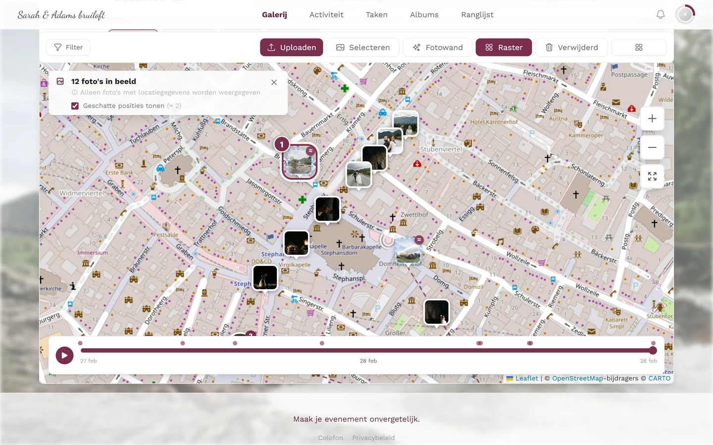 Ingezoomde kaart met een gemarkeerde fotomarkering met gestippelde rand en ≈-badge