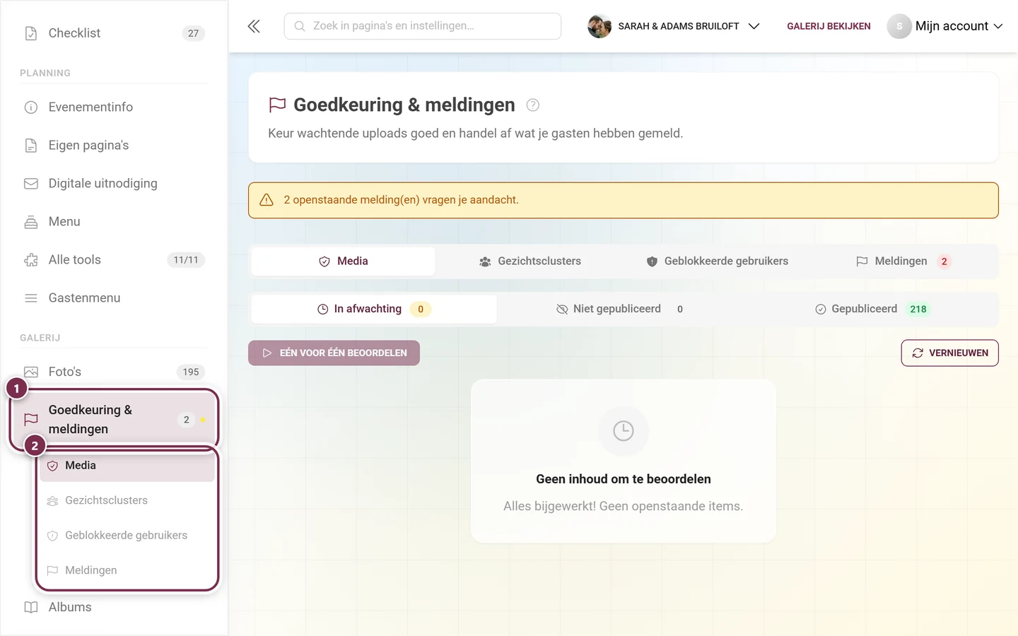 Zijbalk van het adminportaal met gemarkeerd onderdeel Goedkeuring en meldingen en de subitems eronder
