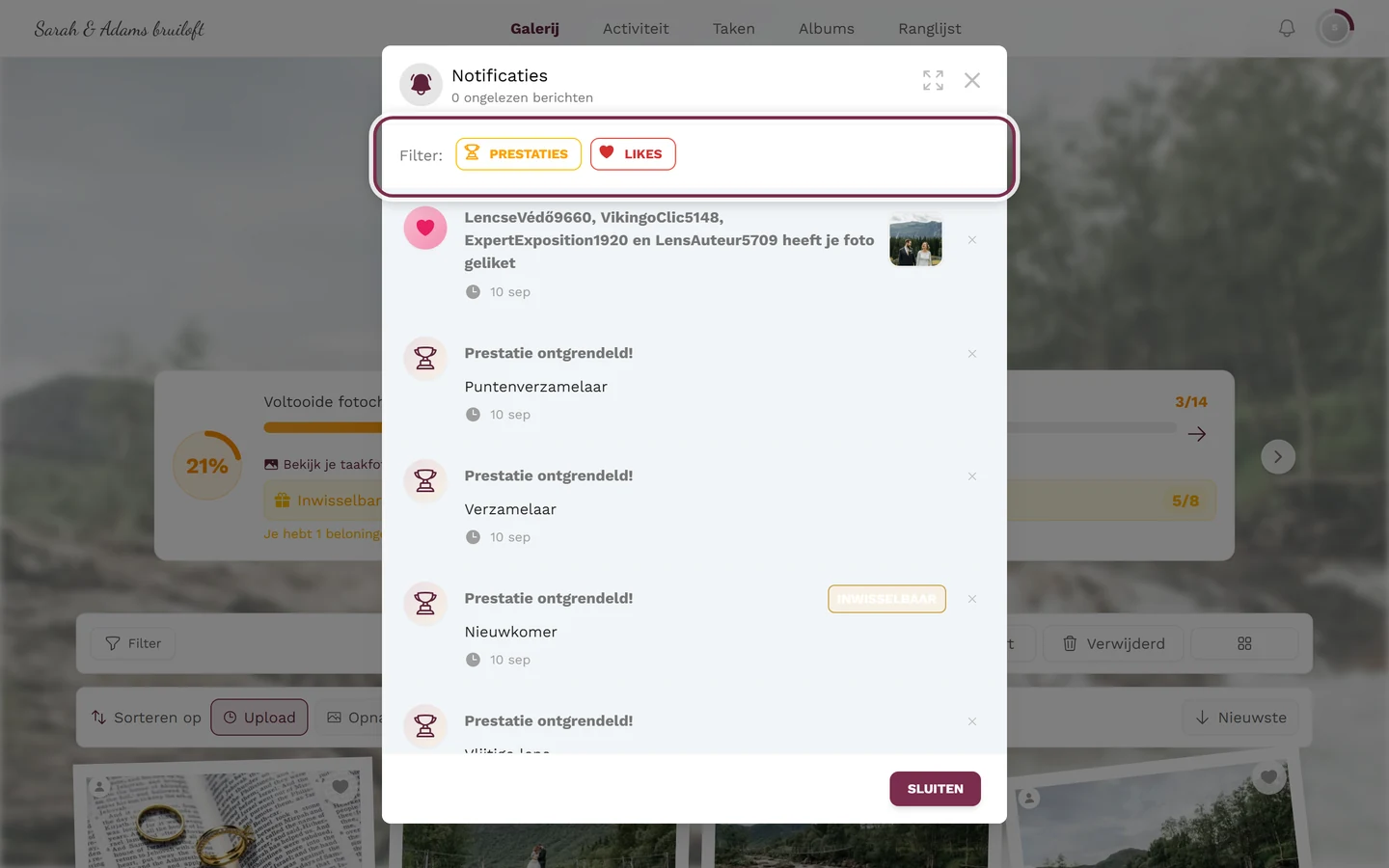 Geopend notificatiemenu, de filterbalk met de typechips is gemarkeerd