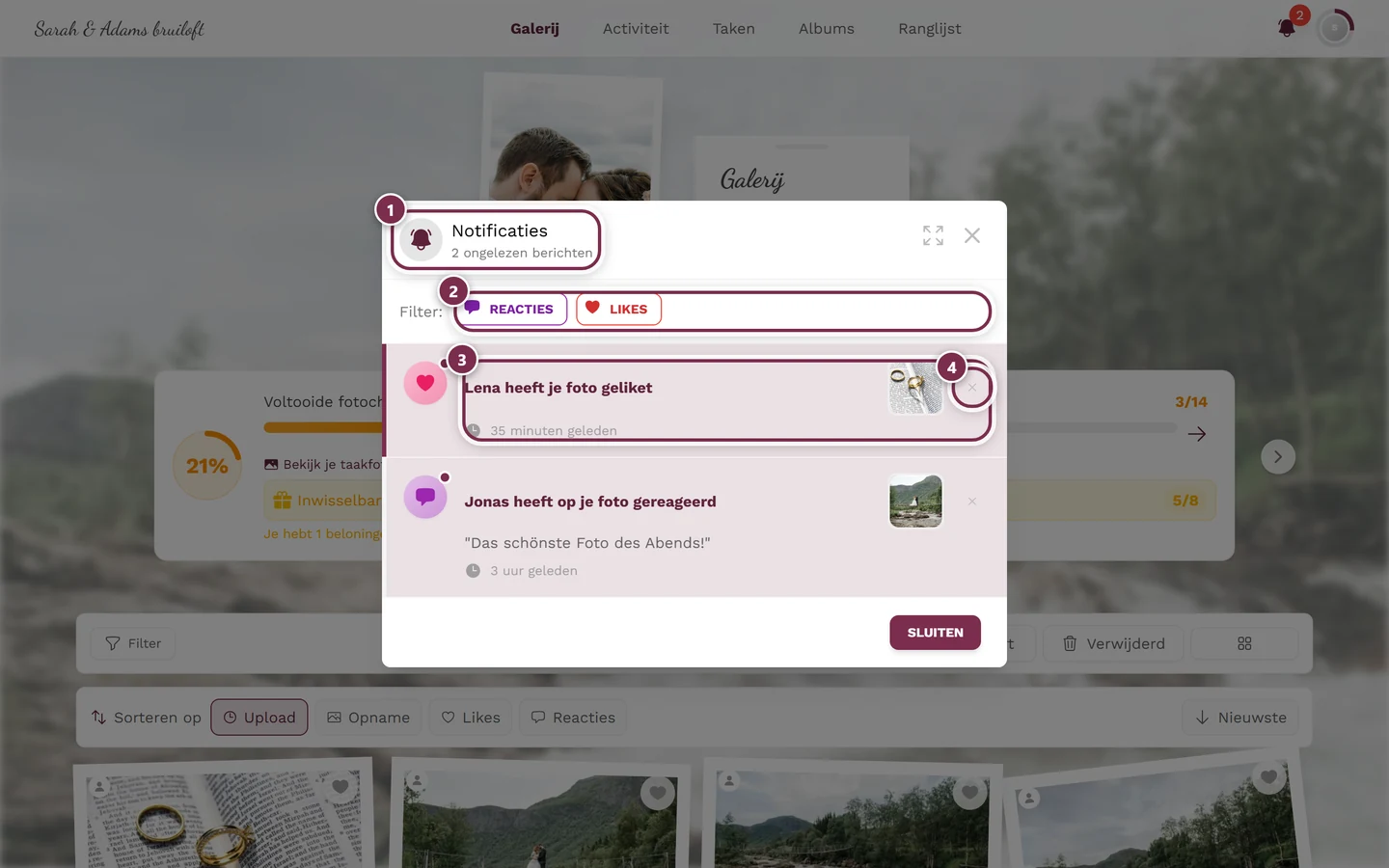 Notificatiedialoog met vier markeringen: kop, filter, item, verwijderen