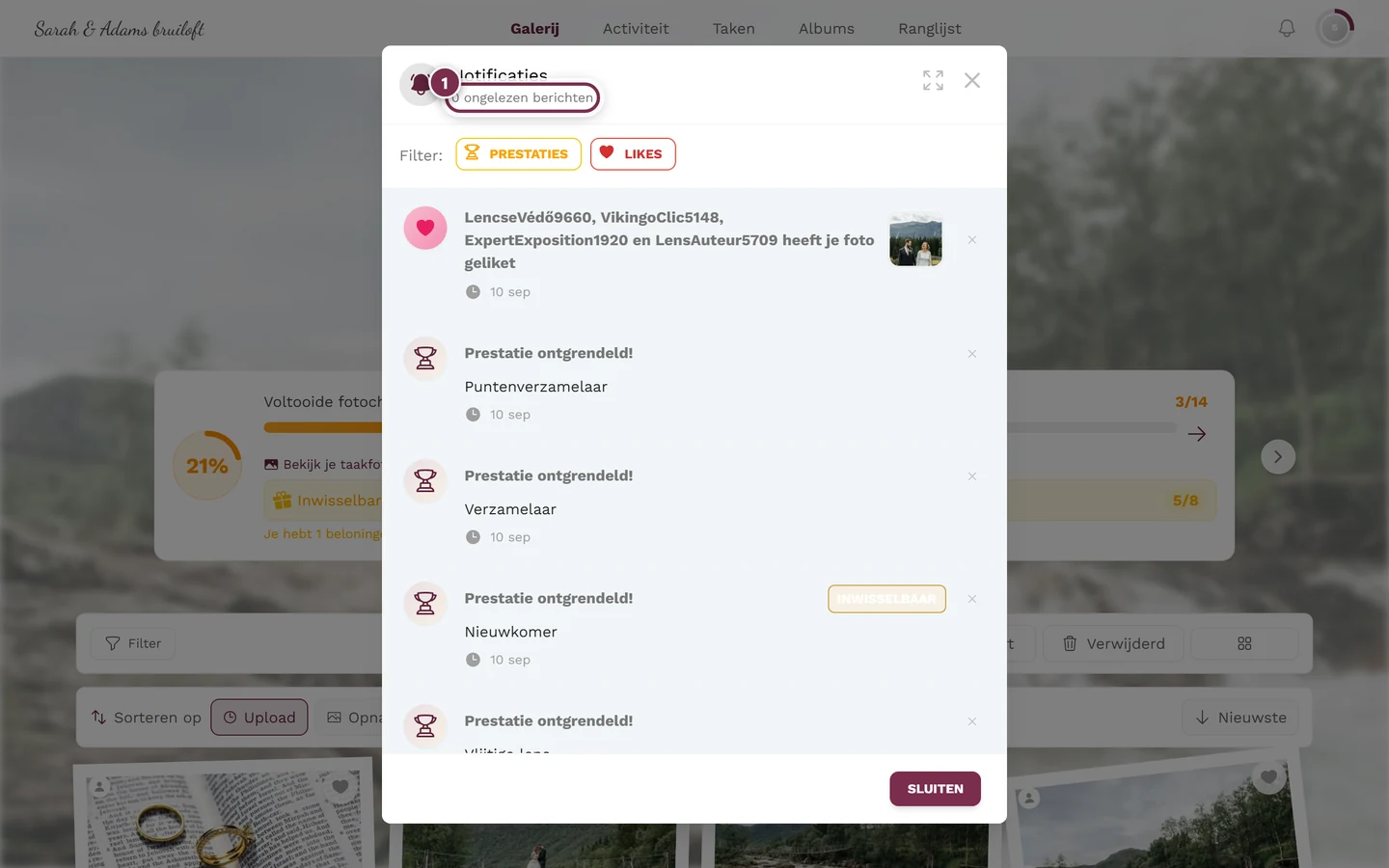 Geopend notificatiedialoog, de regel met ongelezen berichten is gemarkeerd