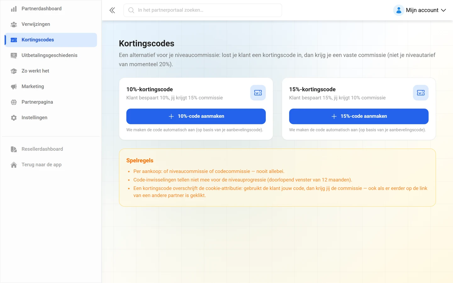 Overzicht van de kortingscodes van een partner