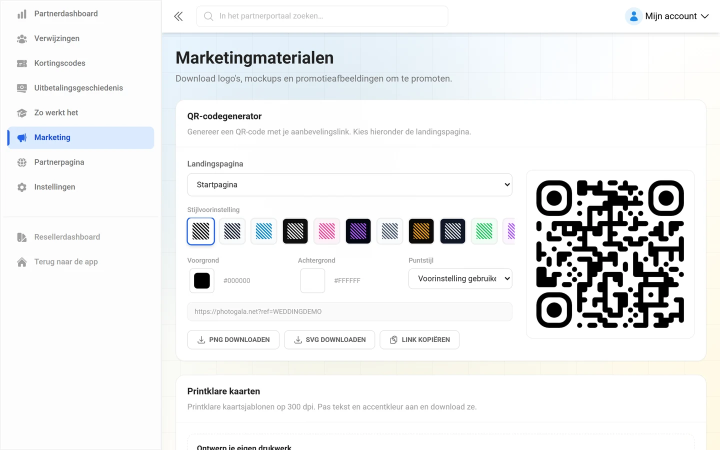 Pagina Marketingmateriaal met de QR-codegenerator en de printklare kaarten