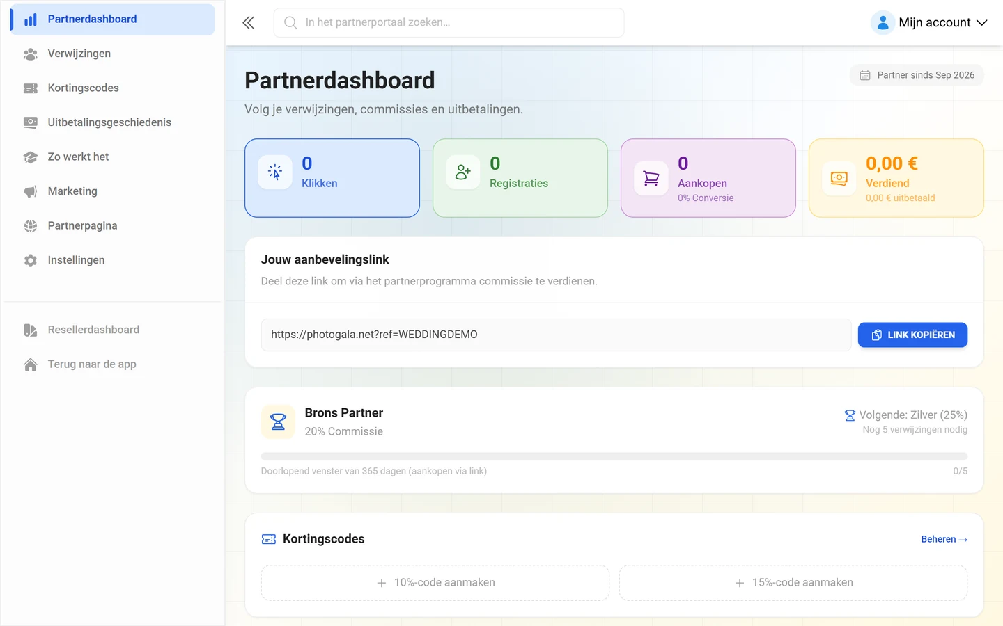 Affiliatedashboard met kerncijfers en aanbevelingslink
