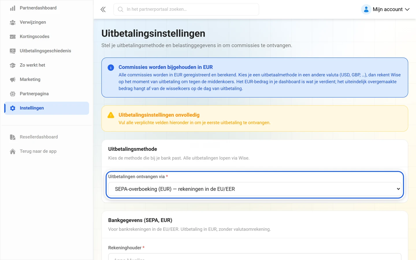 Uitbetalingsinstellingen met gemarkeerd selectieveld Uitbetalingen ontvangen via, rekeningvelden onherkenbaar gemaakt