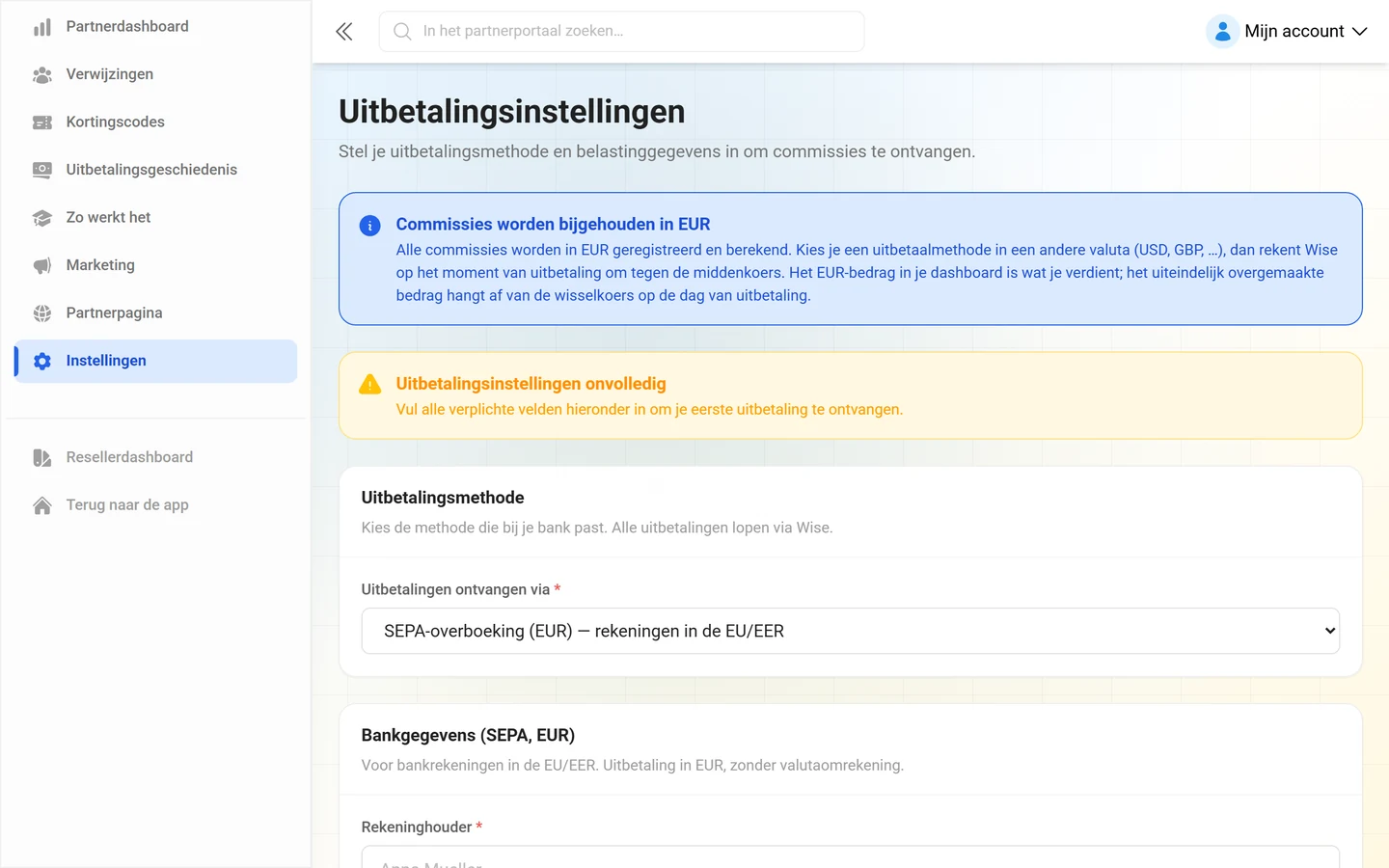 Uitbetalingsinstellingen en belastinggegevens in het partnerportaal