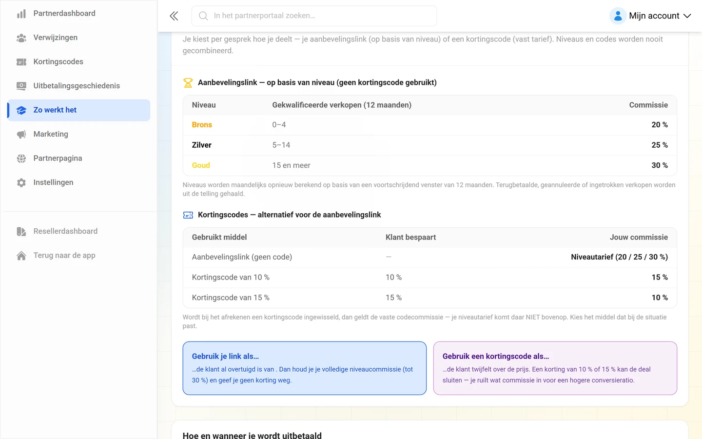 Niveautabel met Bronze, Zilver en Gold, en daaronder de tabel met kortingscodetarieven
